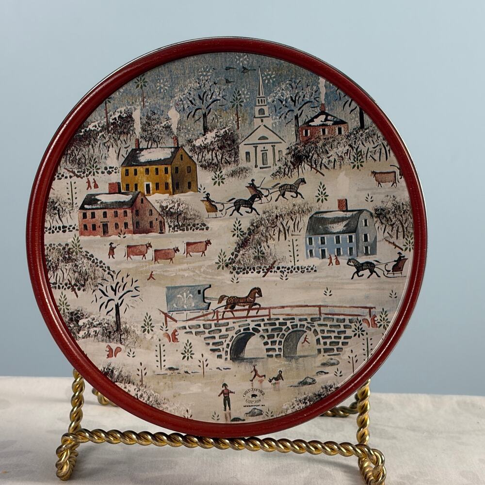 Grannycore Vintage Round tin Winter Village scene Decor cottage core folk art
